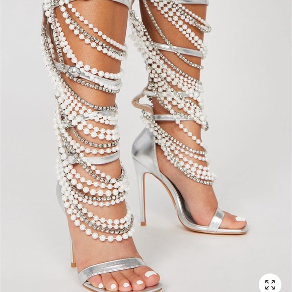 Fashion Nova Silver Pearl Embellished Heels - Picture 2 of 3